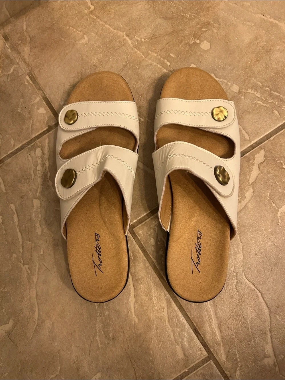 Trotters White Dual-Strap Slide Sandals with Gold Buttons